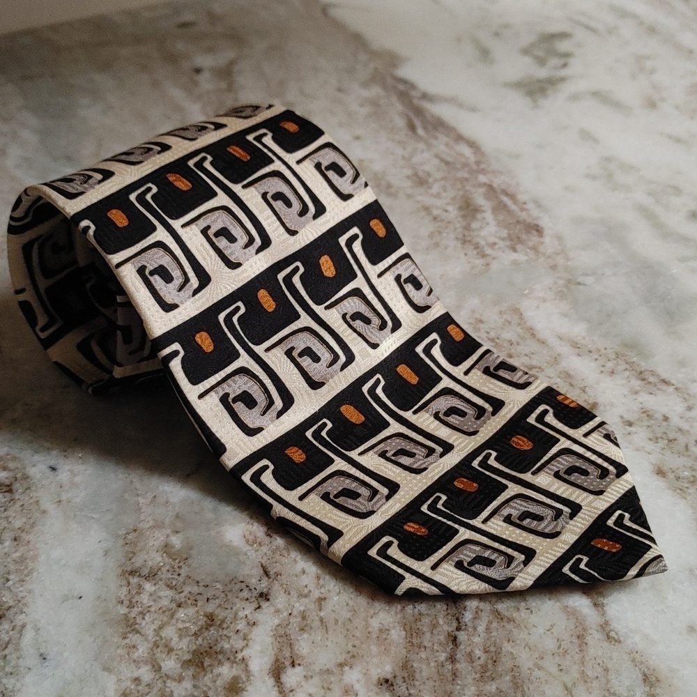 Men's Vintage Ziggurat By Mulberry Neckwear Tie Black Gray Rust Tan